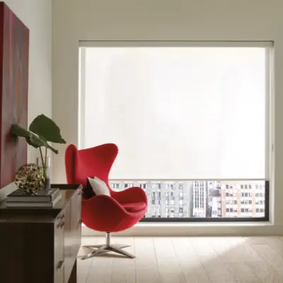 roller shades with red chair roller shades with red chair